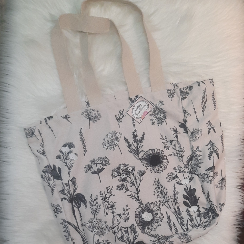 White and Black Botanical Print Tote Bag